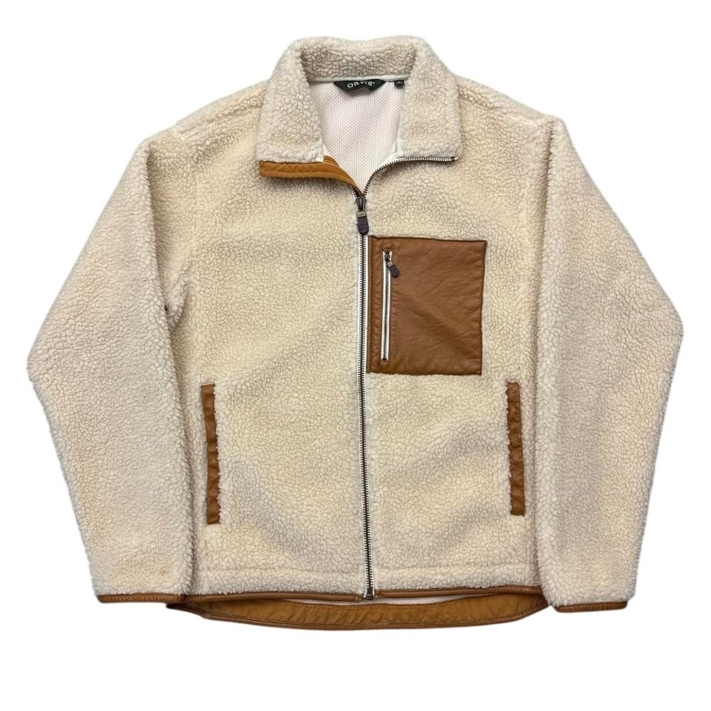Orvis Stowe Sherpa Deep Pile Fleece Leather Trim Jacket M